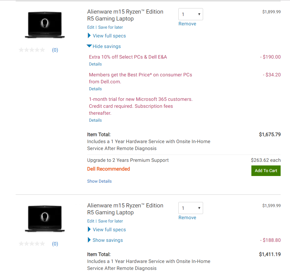 Alienware m15 ryzen edition r5 gaming laptop $1411.19