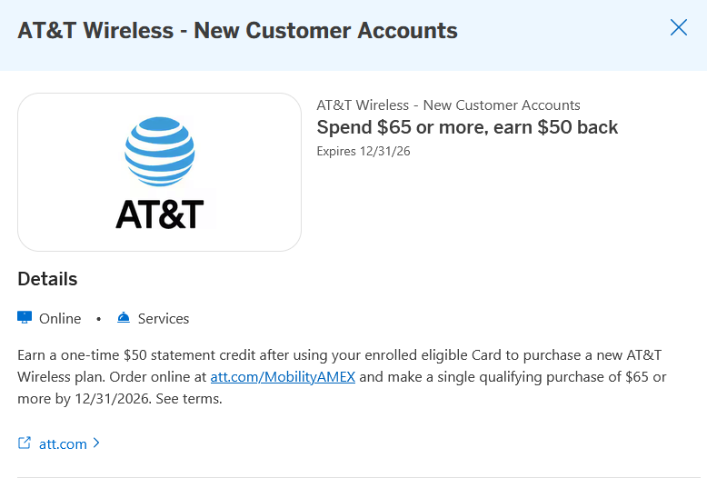 Select Amex Cardholders: Spend $65 or More at AT&T Wireless, Earn $50 Back YMMV