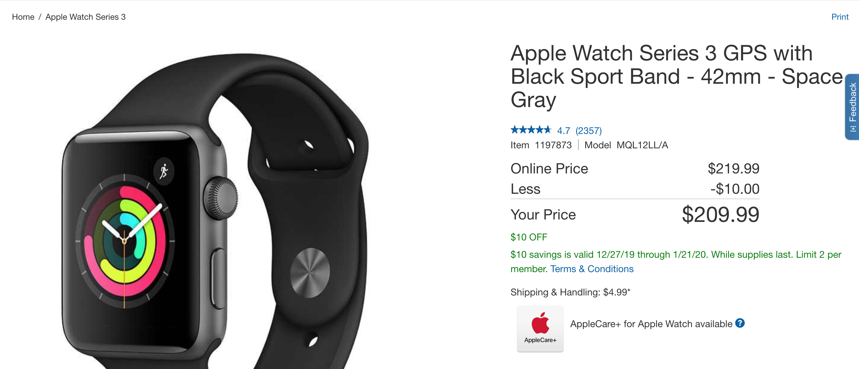 Apple Watch Series 3 38mm Aluminum GPS $179.99 + tax @ Costco
