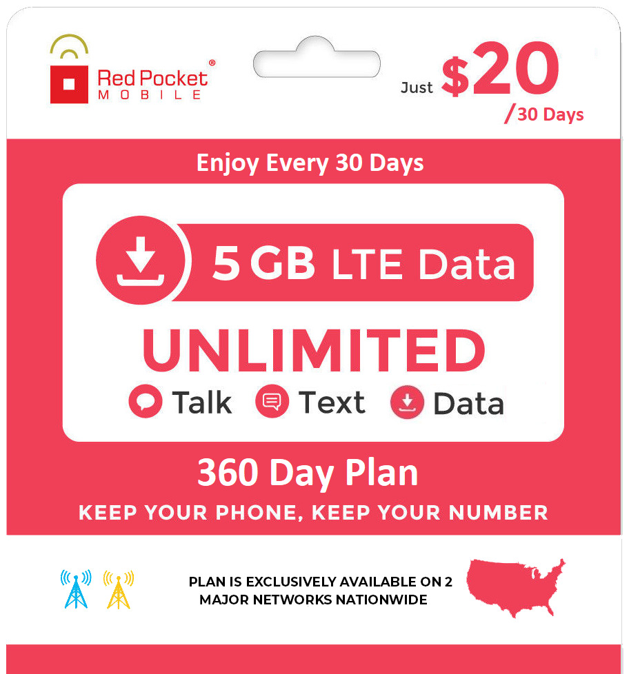 Red Pocket 360 Day Prepaid Wireless Phone Plan (5GB LTE)-No Contract $204 with coupon PREPSPRING