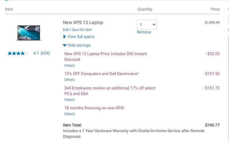 DELL XPS13 9300 Laptop - i5-1035G1 8GB 256GB ---> $620 + Tax - YMMV