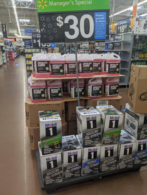 12 quarts mobil 1 synthetic, various grades $30, ymmv.