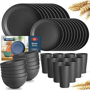 Teivio 40-Piece Kitchen Plastic Wheat Straw Dinnerware Set,Service for 10,Black - $7.99