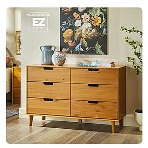 Walker Edison 6 Drawer Solid Wood Dresser with Cut Out Handles, Caramel Brown - $152
