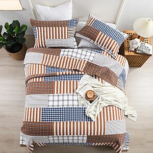 Select Amazon Accounts - WINLIFE Cotton Plaid Quilt Set 3 Pieces Queen Size Patchwork Stripes Bedspread with 2 Shams, 90''x98'' - $24.99