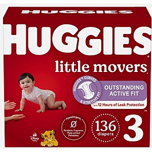 Huggies Little Movers Baby Disposable Diapers, Size 3, 136ct - $31.99 + free shipping + AND MORE at Bullseye Deals via eBay
