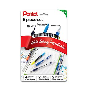$3.96 AC + S&S - Pentel Note Taking Essentials 8 pack - 4 blue RSVP 0.7mm ballpoint pens, 2 Twin Checker Highlighters, 2 Quick Click 0.5mm Mechanical Pencils