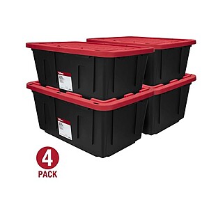 (Pack of 4) Hyper Tough 27 Gallon Large Storage Bin with Snap Lid, Black and Red, Heavy Duty Plastic Storage Container - $32 ($8 each)