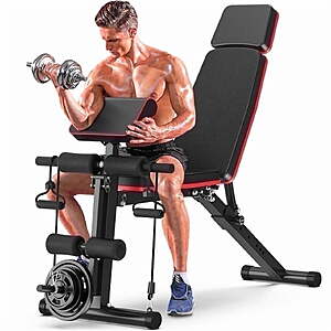 GIKPAL 7 Positions Adjustable Weight Bench With Extended Headrest and Leg Extension - $85.49 + AND MORE