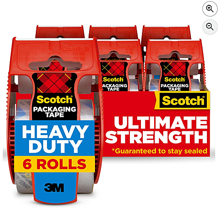Scotch Heavy Duty Shipping Packing Tape, Clear, Packing Tape for Moving Boxes and Packaging Supplies, 1.88 in. x 22.2 yd., 6 Roll Dispensers - $10.84