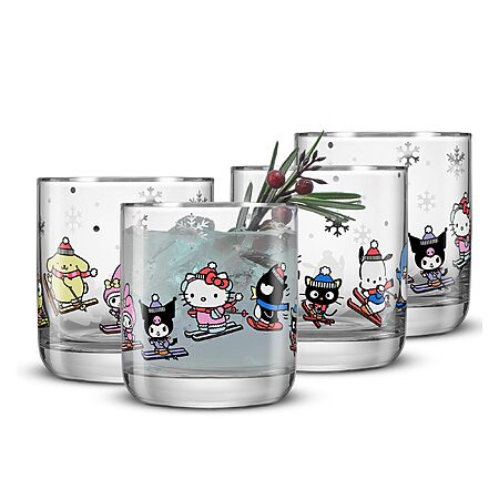 JoyJolt Hello Kitty and Friends Short Glasses, Set of 4, 10oz (Winter Wonderland or Hello Kitty and Gingerbread) - $11