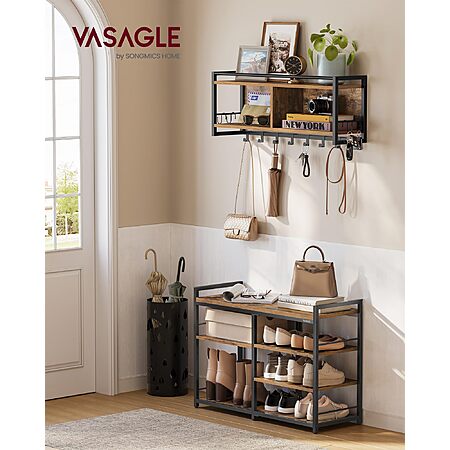 VASAGLE Hall Tree with Shoe Bench, Rustic Brown - $35.99