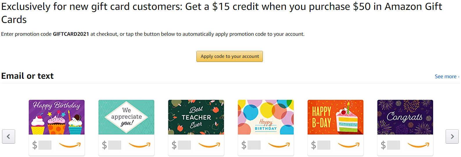 $15 Amazon Credit with Purchase of $50 Amazon Gift Card (YMMV)