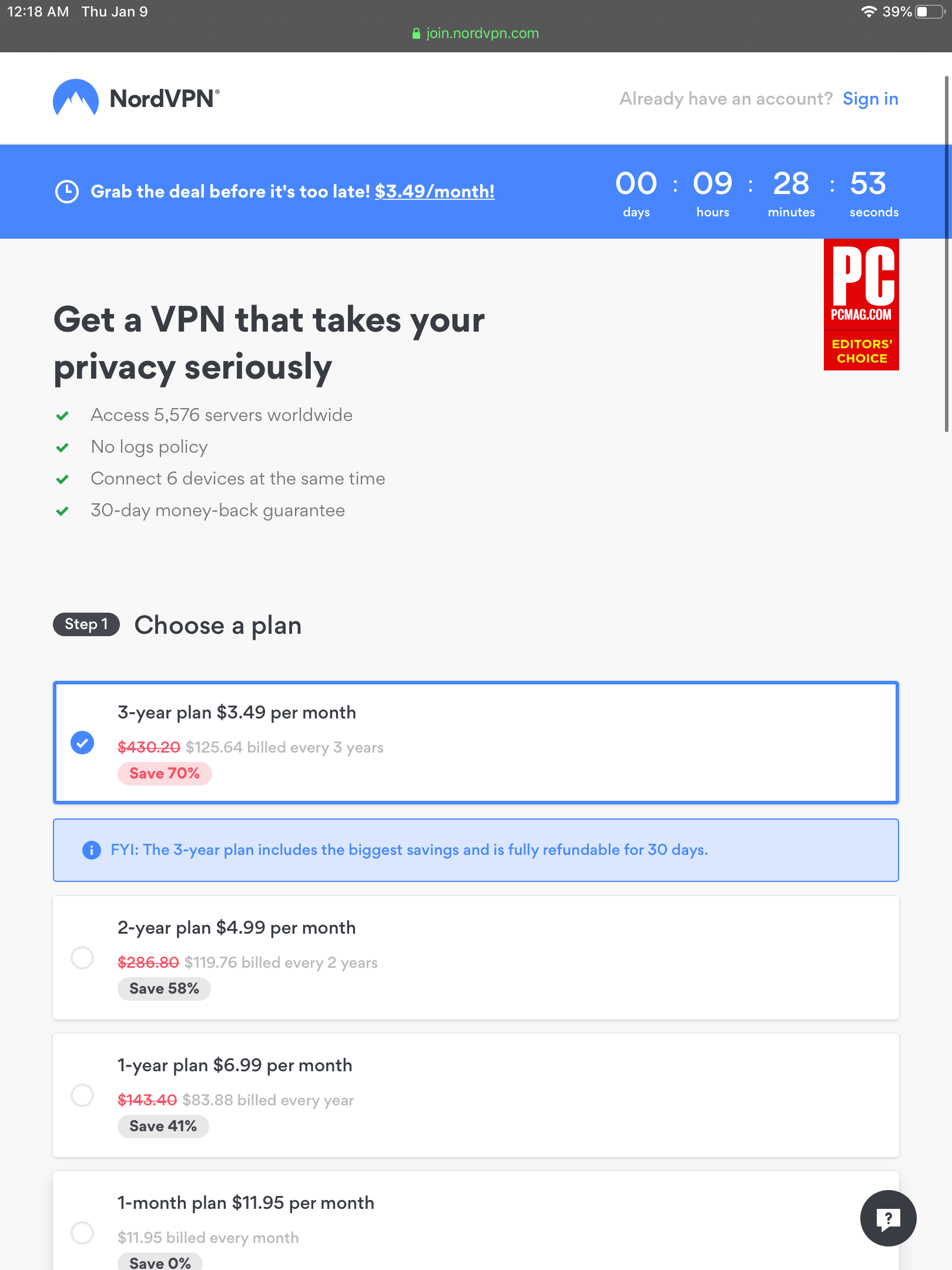 70% off 3-year plan $125.64