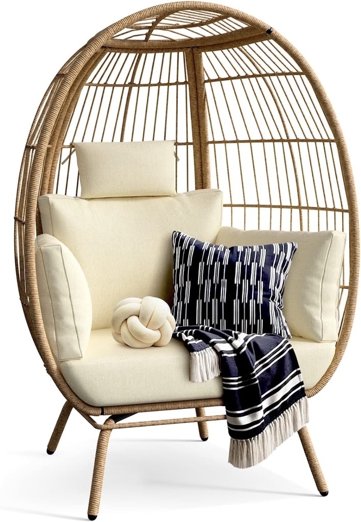 Dextrus Wicker Egg Chair Outdoor Indoor Oversized Lounger with Stand and Cushions Egg Basket Chair for Patio Backyard Porch - $249.98