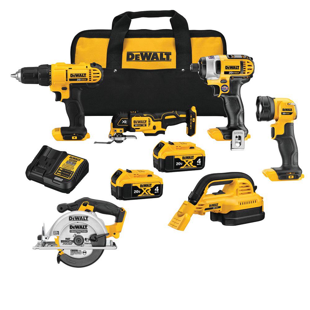 Dewalt 20-Volt MAX Lithium-Ion Cordless Combo Kit (6-Tool), (2) 4 Ah Batteries, Charger, and Tool Bag $299