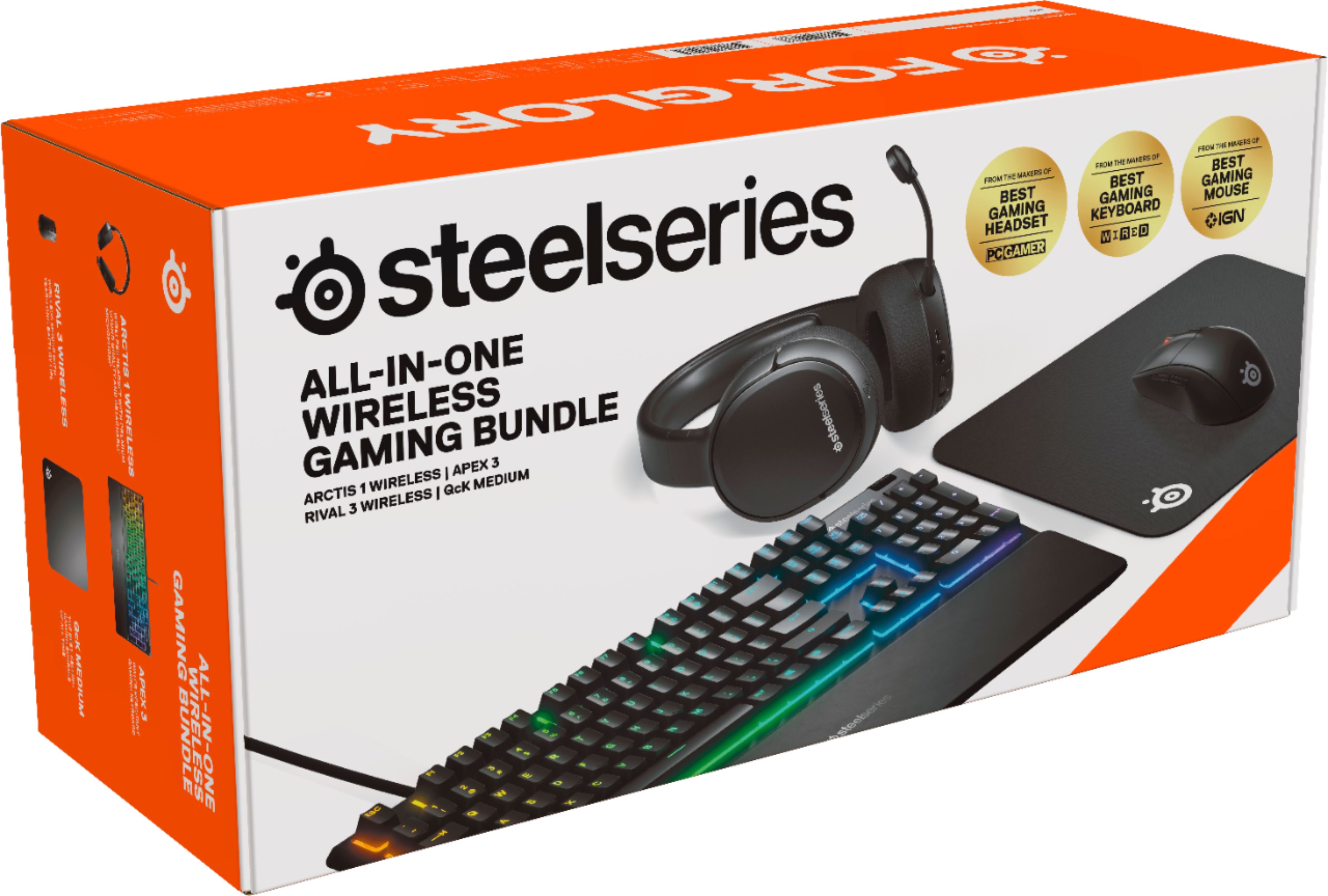 SteelSeries Glow-Up Wired Bundle Arctis 1 Wireless headset, Apex 3 keyboard, Rival 3 Wireless mouse, and QcK mousepad - Black $129.99