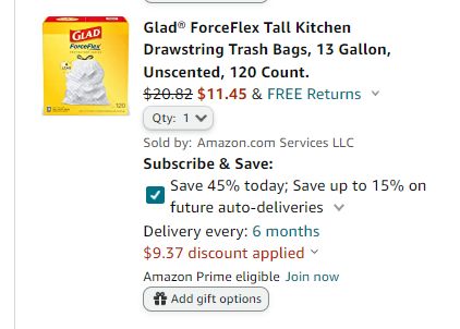 TARGETED!  Glad® ForceFlex Tall Kitchen Drawstring Trash Bags, 13 Gallon, Unscented, 120 Count. $11.44