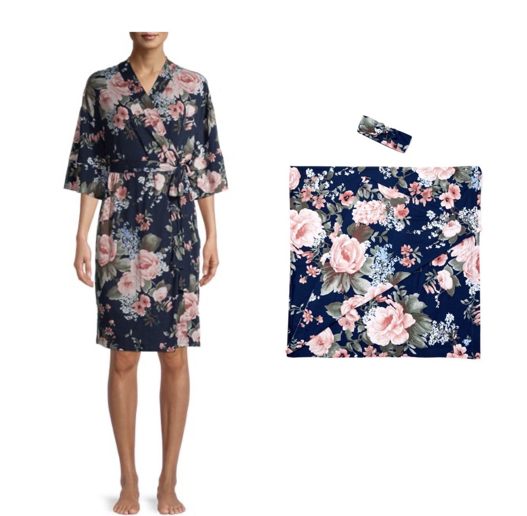 3-Piece Mommy & Me Matching Women's Robe + Infant Swaddle + Infant Headband or Knot Cap (navy floral, grey stripe; size S/M only) $5 + Free Shipping w/ Walmart+ or on $35+