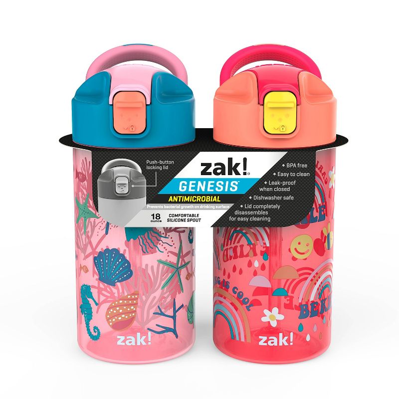 2Pack 18Oz Zak Designs Kids' Plastic Valiant Water Bottle Set ( dino