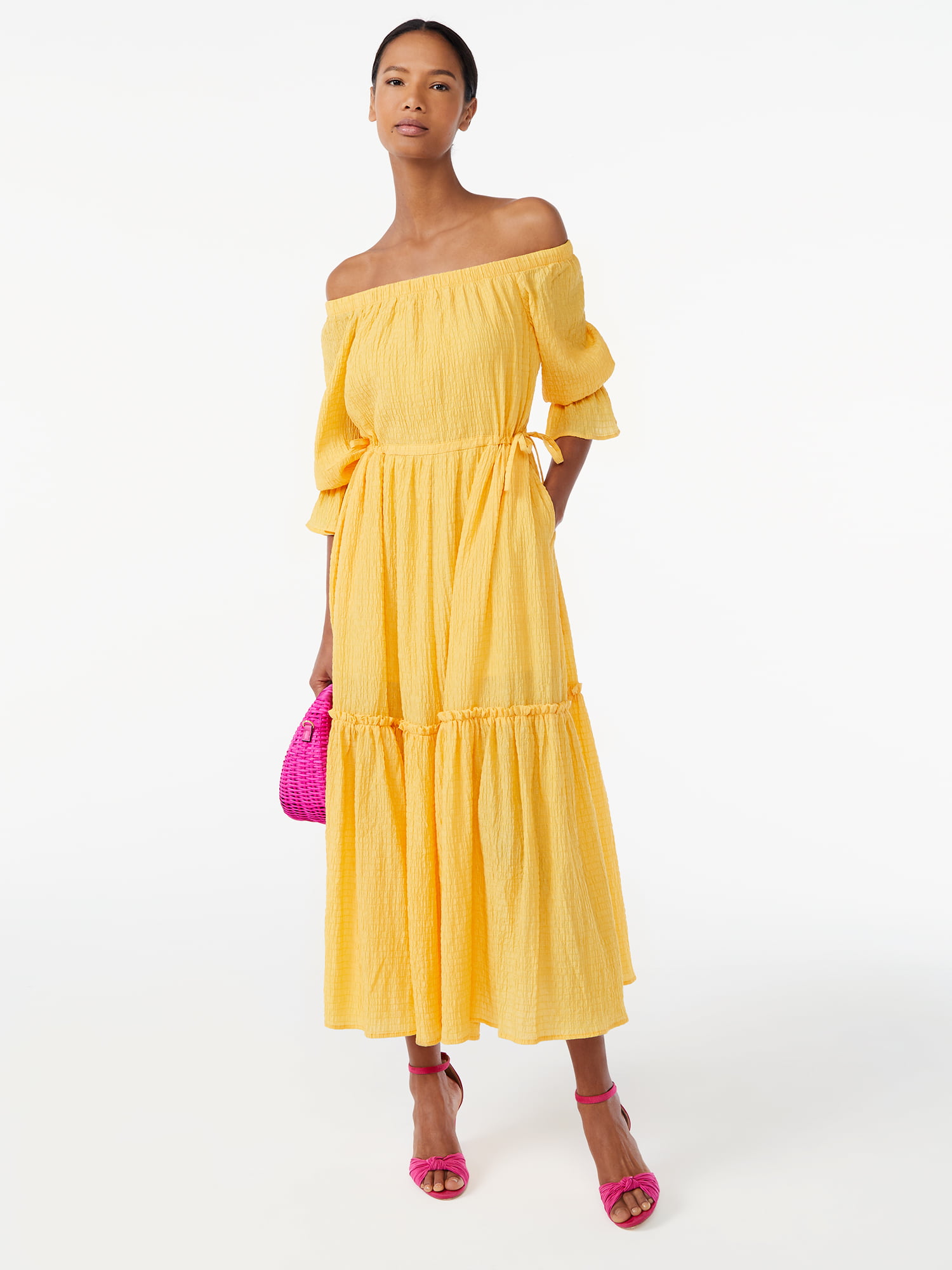 Scoop Women's Voluminous Off Shoulder Maxi Dress (amber yellow, red or green polka dot) $10 + Free Shipping w/ Walmart+ or on $35+