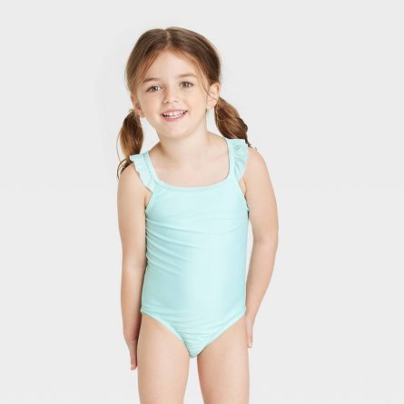 Cat & Jack Girls' One Piece Solid Swimsuit (blue; size 12M-5T) $5.60, Cat & Jack Boys' Tree Swim Shorts (orange; size 12M-4T) $5.60 & More + F/S on $35+