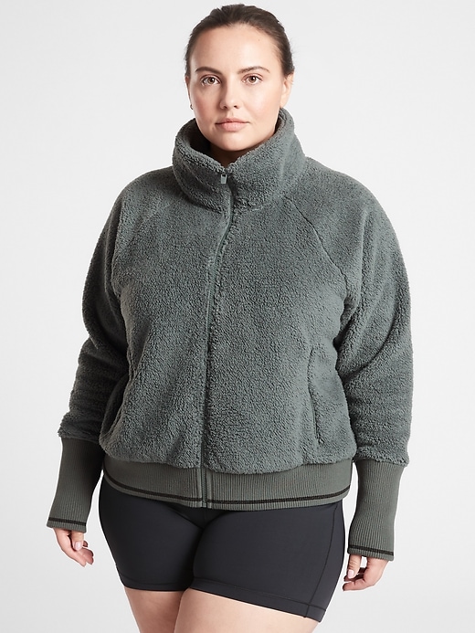 Athleta Sale: Tugga Sherpa Plus Jacket (various) $35, Farallon Printed Sweatshirt (olive) $20.98, Whisper Featherless Jacket (shadow olive) $70 & More + F/S on $50+