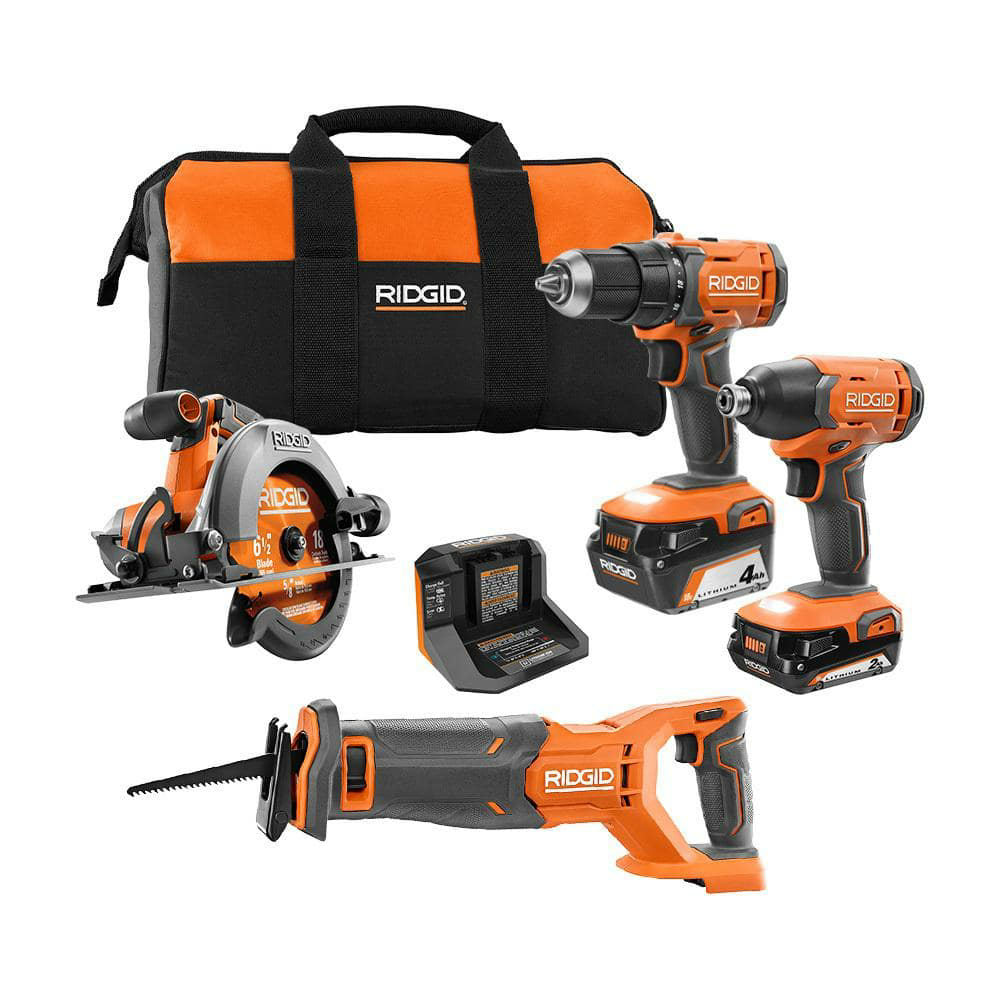 RIDGID 18V Cordless 4-Tool Combo Kit with (1) 4.0 Ah Battery, (1) 2.0 Ah Battery, Charger, and Bag R96256 - The Home Depot $249.00