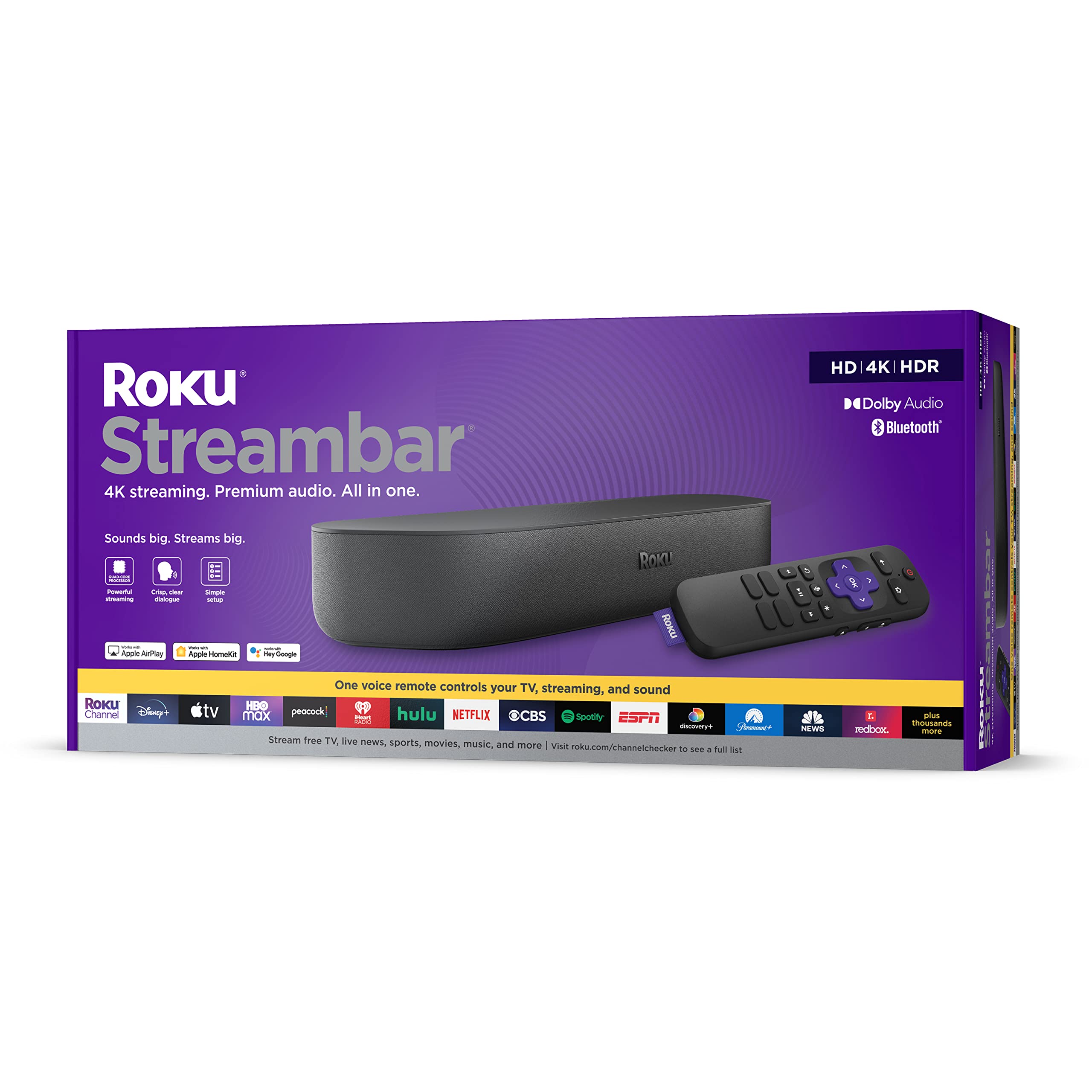 Roku Streambar | 4K HDR Streaming Device & Premium Roku Soundbar $99.99 - Amazon
