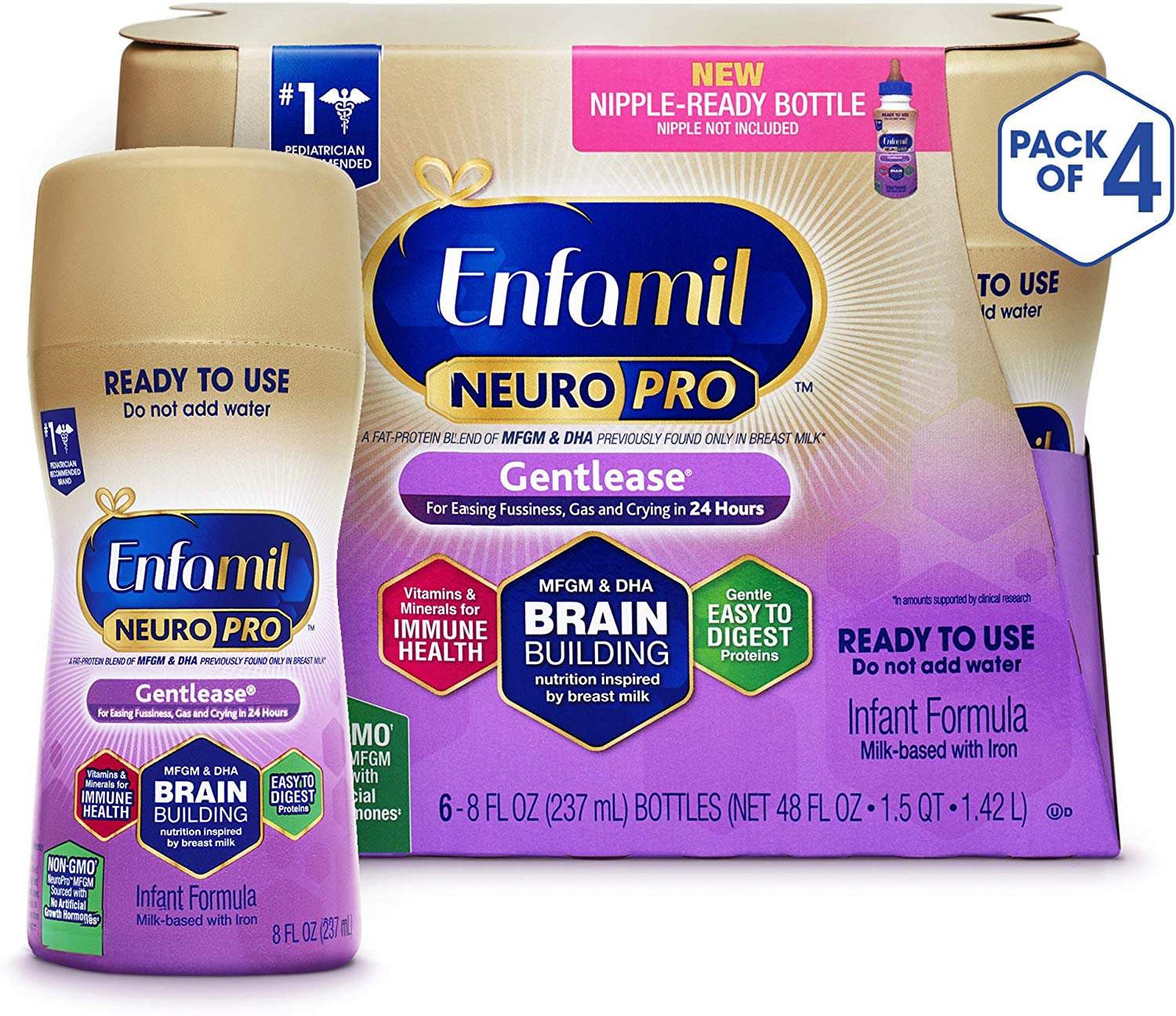 Enfamil Neuropro Gentlease Ready To Feed Baby formula milk, Mfgm, Omega 3 Dha, Probiotics, Iron &amp; Immune Support, 6 Count per pack, 8 Fl Oz, Pack of 4 $56.19 +free s/h