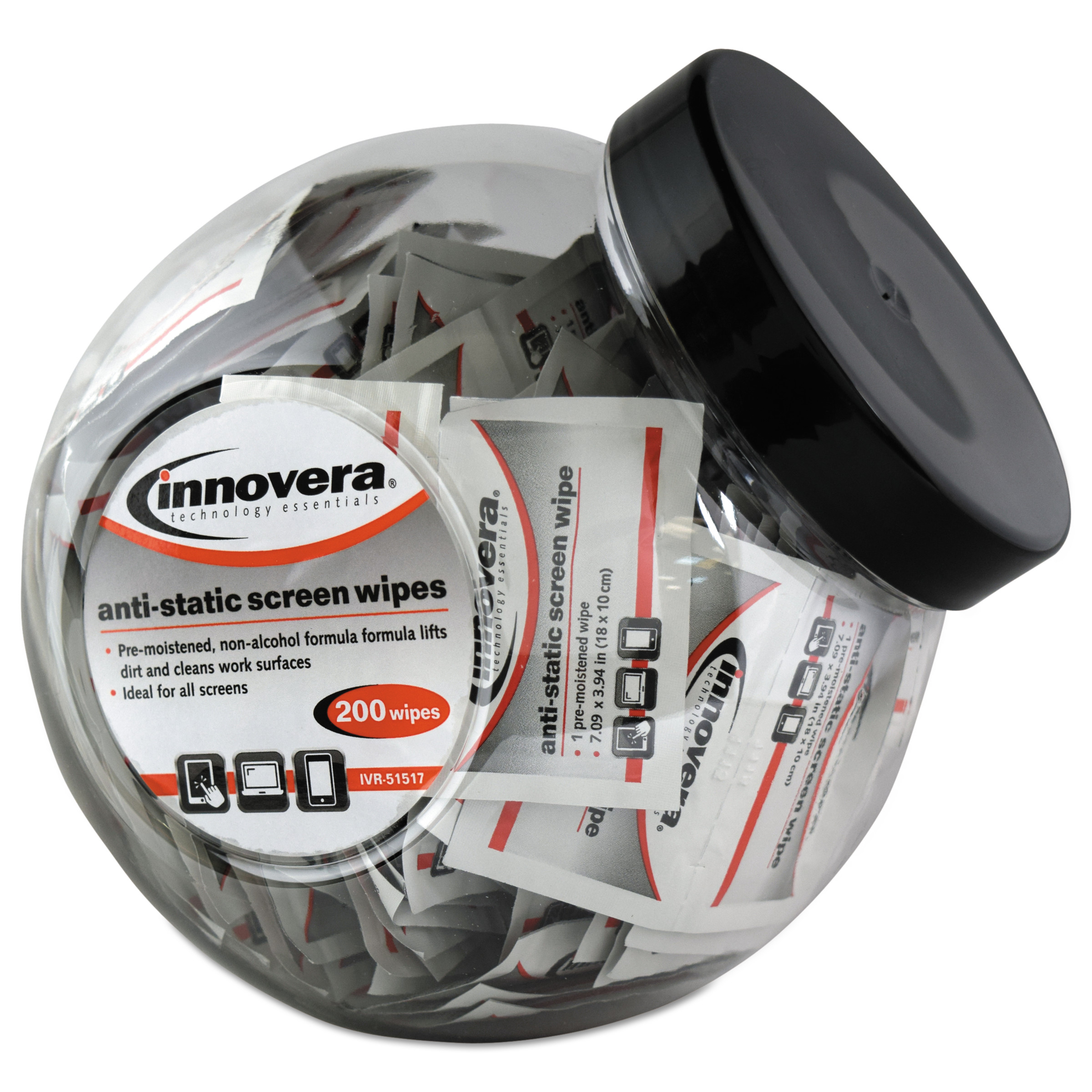 Innovera Anti-Static Screen Cleaning Wipes, 200 Sachets, Fishbowl Black Top $12.57