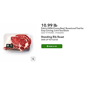 Publix USDA Choice Standing Rib Roast, Boned & Tied for Easy Carving $10.99lb  Valid thru 11/26