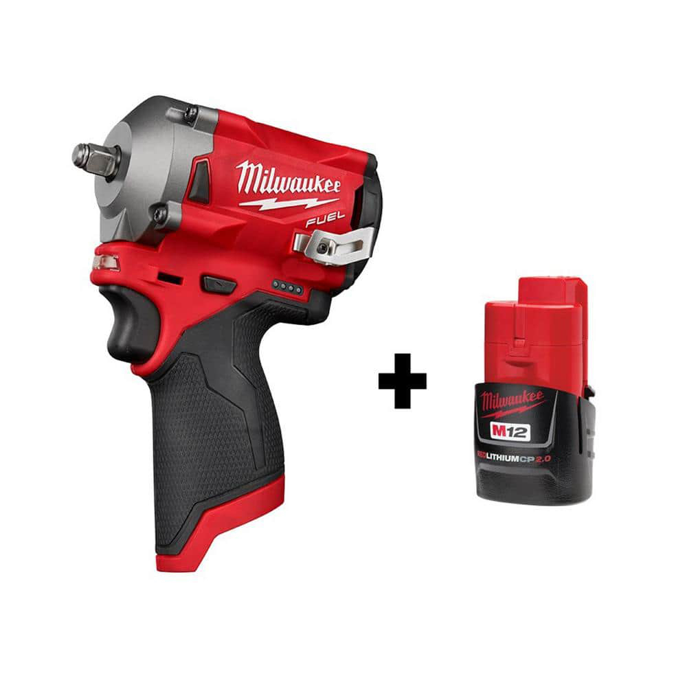 Milwaukee M12 FUEL 12V Stubby 3/8 in. Lithium-Ion Brushless Cordless Impact Wrench with M12 2.0Ah Battery 2554-20-48-11-2420 - $149