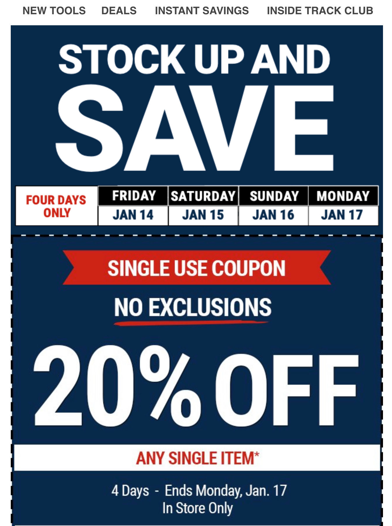 YMMV Harbor Freight 20% off. No exclusions one time use coupon in email. In store use only 01/14/22 - 01/17/22