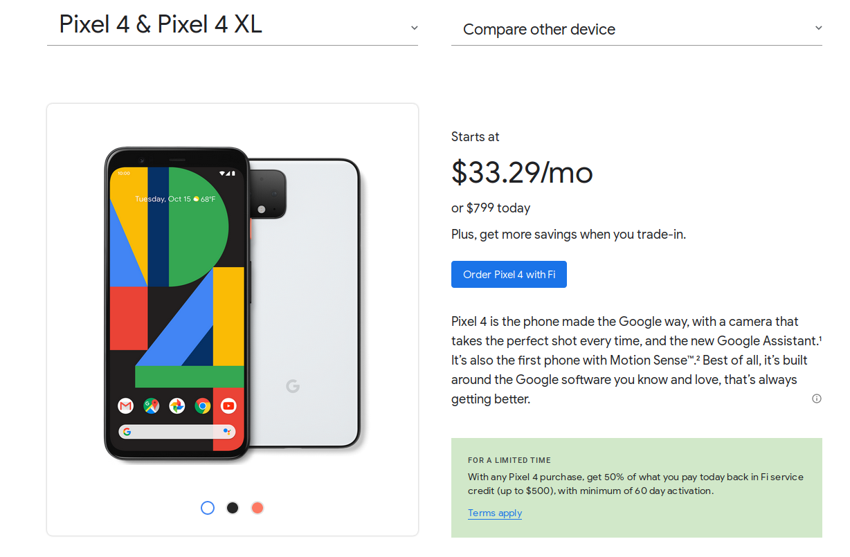 Google Pixel 4 and Pixel 4 XL smartphones 50% back in service credit $350