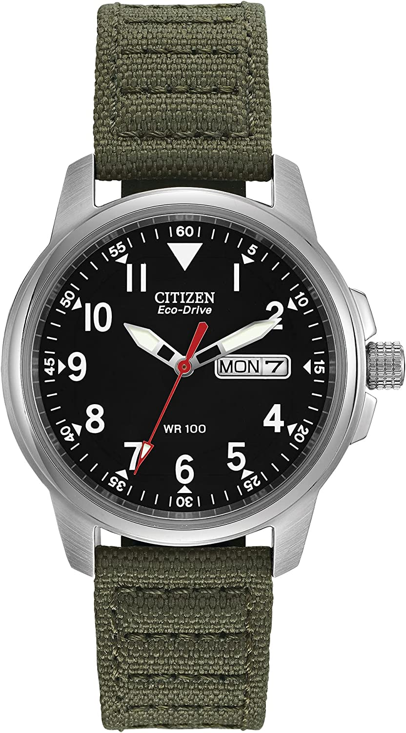 Amazon.com: Citizen Men's Eco-Drive Weekender Garrison Field Watch in Stainless Steel with Olive Nylon strap, Black Dial (Model: BM8180-03E) : Clothing, Shoes & Jewelry $114.85