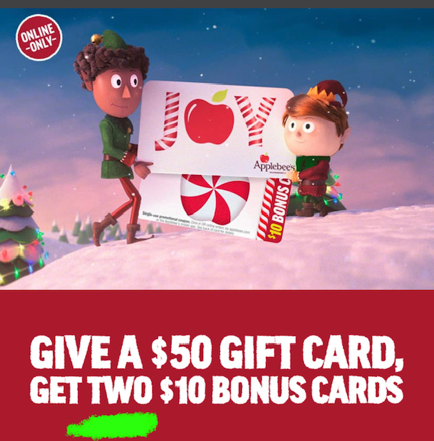 Applebee’s® Cyber Monday Gift Card Deal $50 get 2 x $10 bonus cards  - $50