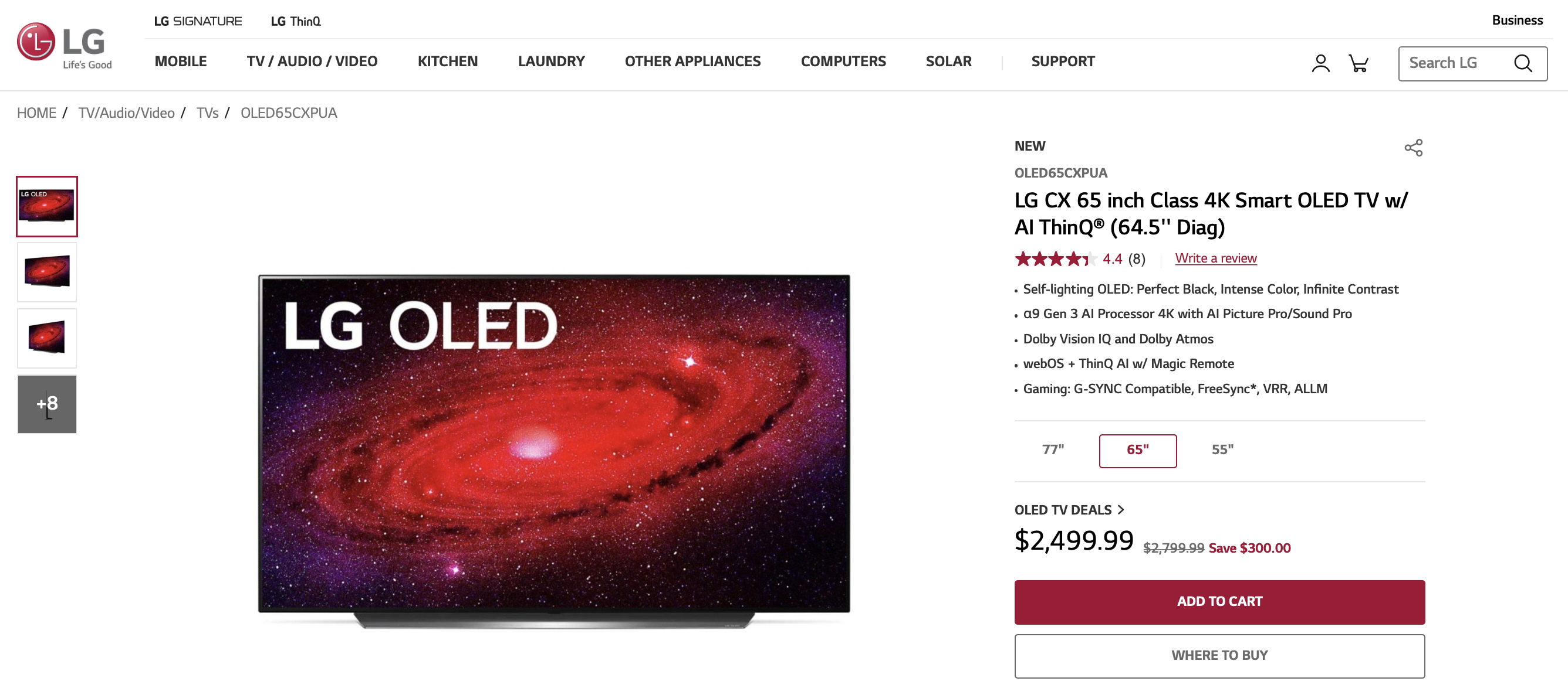 YMMV: LG CX 65 (OLED65CXPUA) $2400 with tax+shipping, $270 discount from $2,496.99 (Originally $2,799.99 MSRP)