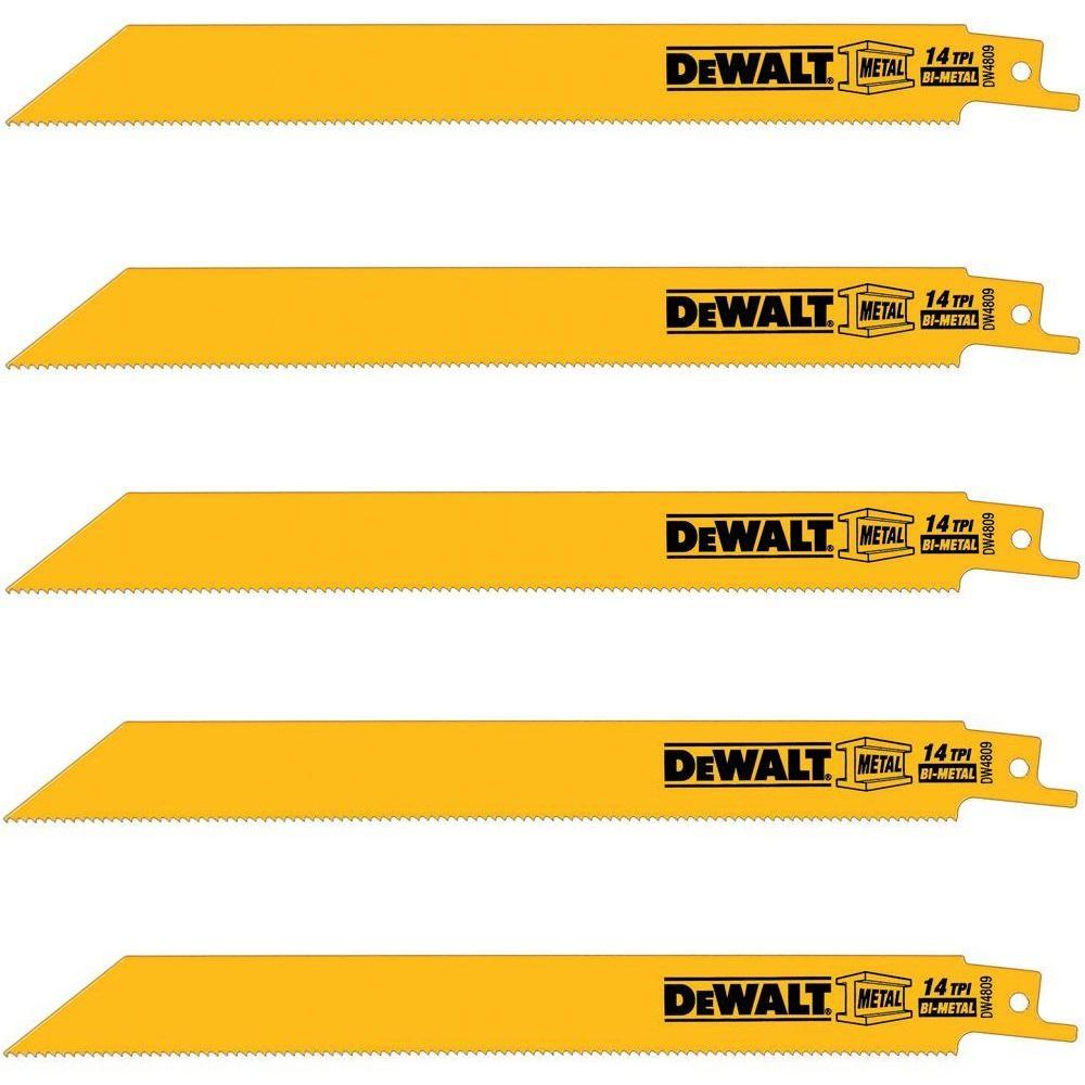 DEWALT 8 in. 14 Teeth per in. Straight Back Bi-Metal Reciprocating Saw Blade (5-Pack)-DW4809 - The Home Depot - $2.89