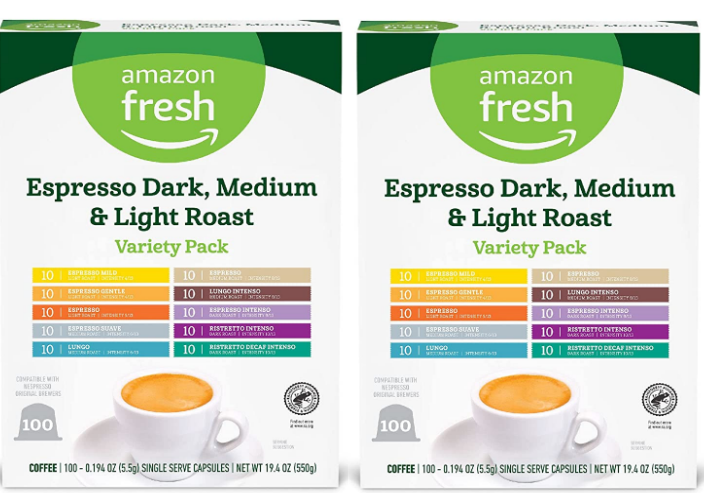Prime Members: 100-Count Amazon Fresh Nespresso-Compatible Original Capsules Variety Pack 2 for $45 ($22.50 each) + Free Shipping