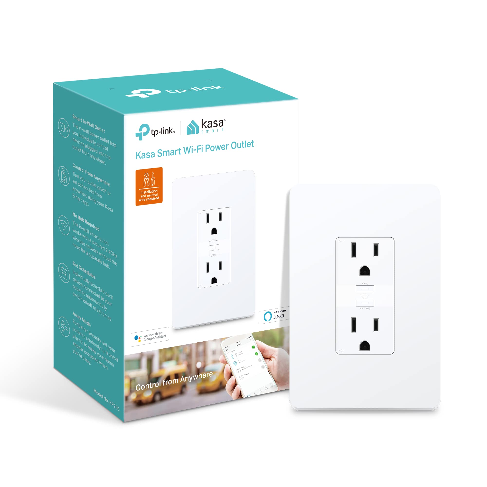 TP-Link Kasa Smart Plug KP200 In-Wall Wi-Fi Power Outlet