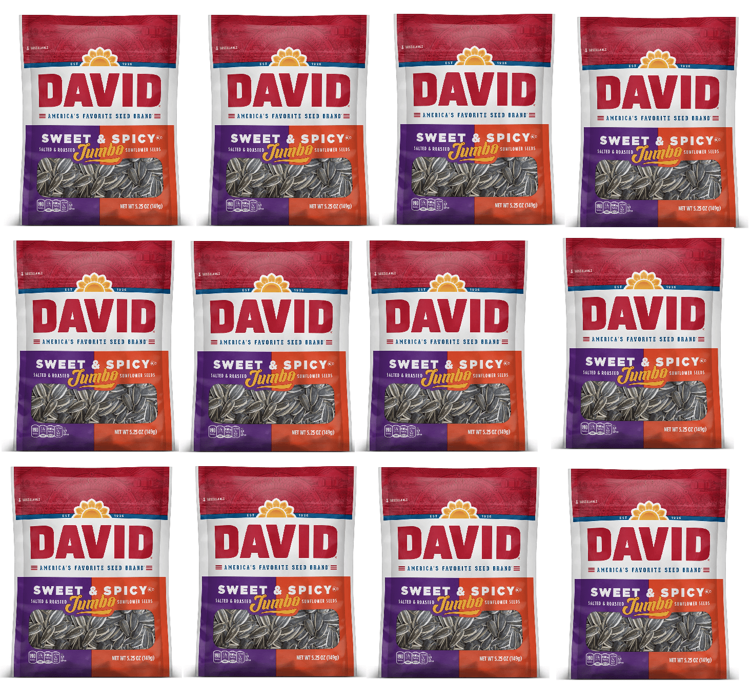 12-Pack 5.25-Oz David Roasted & Salted Spicy Queso Jumbo Sunflower Seeds (Sweet & Spicy) $19.25 ($1.60 each) w/ S&S + Free Shipping w/ Prime or on $35+