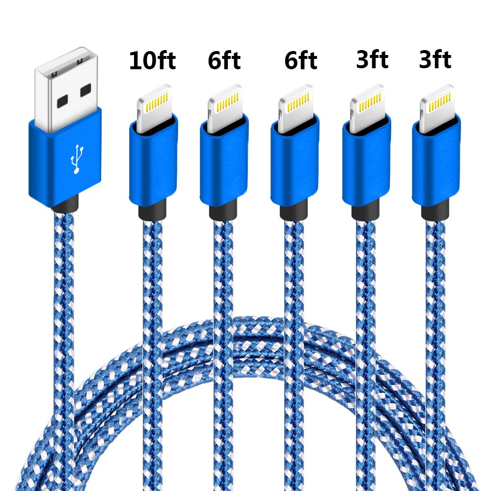 5 pack MFi Certified Lightning to USB Cables (3ft,3ft,6ft,6ft,10ft) $8