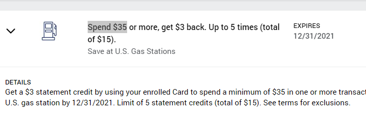 Amex Offers: Spend $35+, get $3 back at Gas Stations.