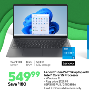 Lenovo Ideapad 5i 15" Laptop, Intel i5-1135G7, 8GB RAM, 512GB SSD @Staples (in-store 1/23-1/29) $550