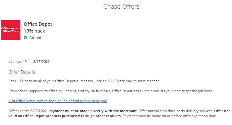 Chase Offers: Office Depot / OfficeMax 10% CB ($8 max)