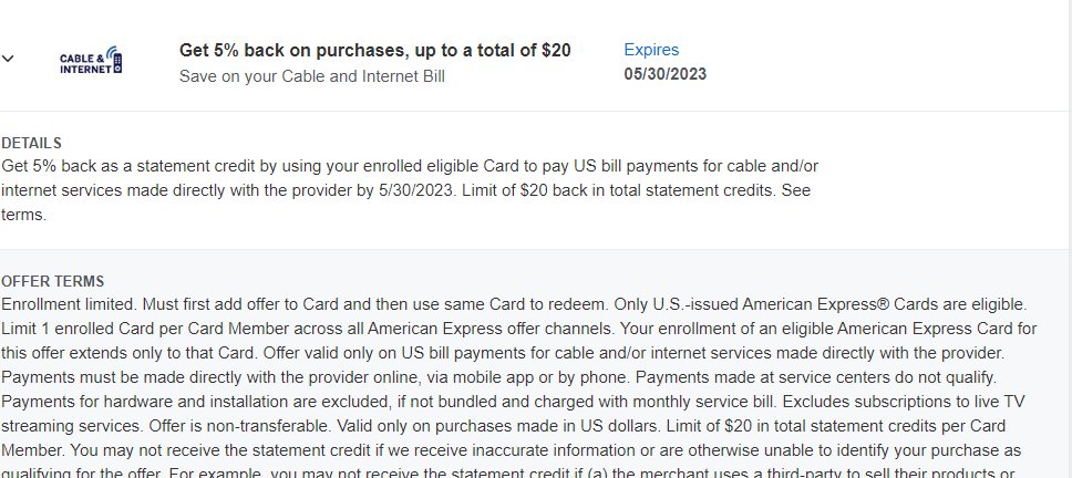 Amex Offers: 5% CB on Cable/Internet ($20 Max)