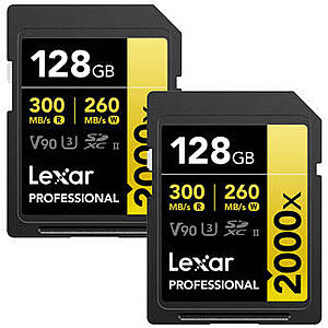 2-pk Lexar Professional 2000x 128GB SDXC UHS-II V90 Card @B&H $140