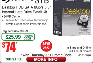 3TB Seagate Barracuda Desktop Hard Drive Boxed $74@Frys (w/emailed code) Asus Ext Slim DVD Burner $13AR; Intel Core i3-7300 CPU / Gigabyte H270M-DS3H Motherboard $149AR