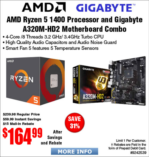 AMD Ryzen 5 1400 CPU and Gigabyte A320M-HD AM4 Motherboard $165AR